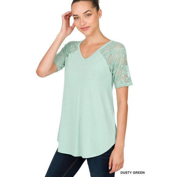 Short Sleeves Top - Dusty Green Color - Lace Sleeves - Round Hem - Picture 5 of 5